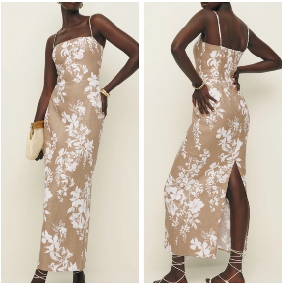 NEW Reformation Frankie Linen Midi Dress - Dune Floral Tan White Vacation - Picture 1 of 10